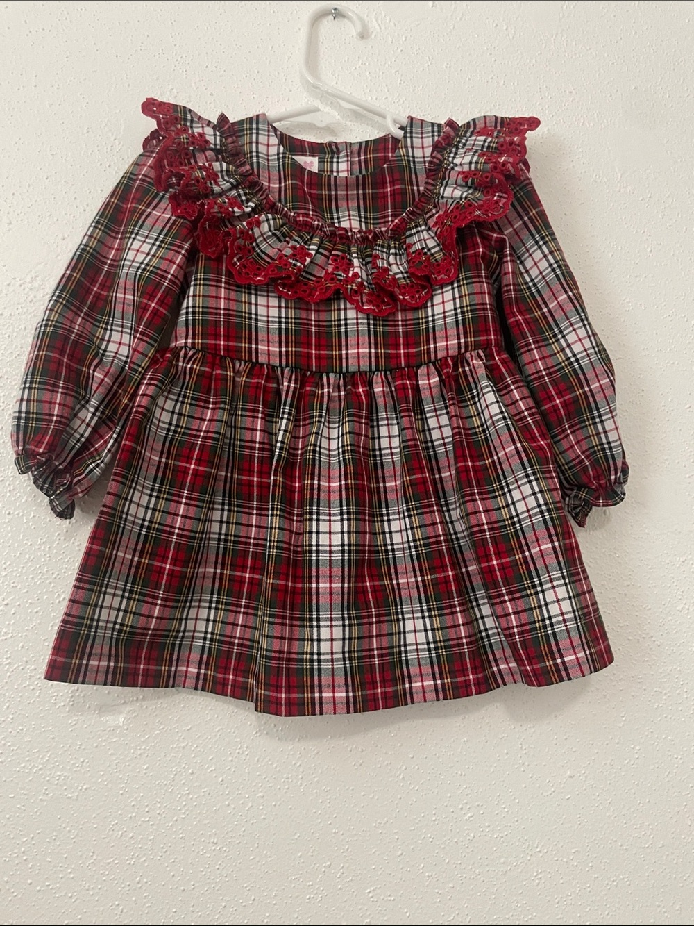 Bonnie Jean Red Green Plaid Lace Collar Holiday Dress